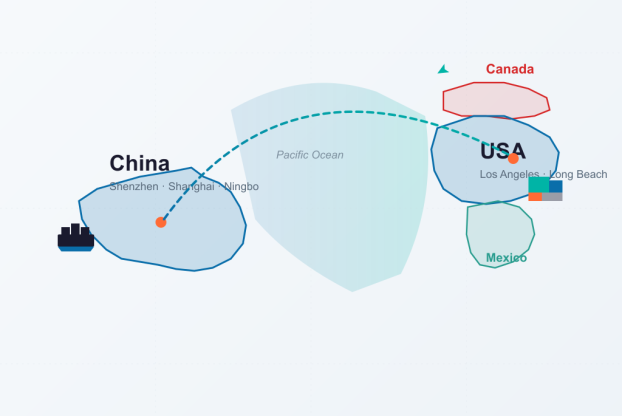 China to North America shipping route map